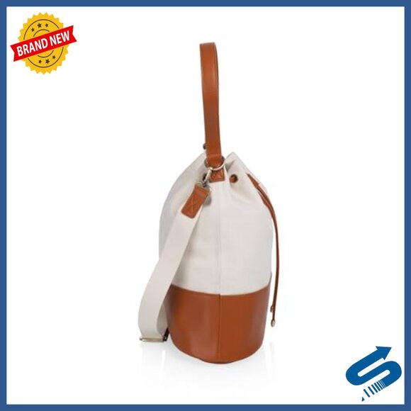 Canvas & Vegan Leather Tote with Drawstring Closure, Adjustable Strap - Picture 2 of 7